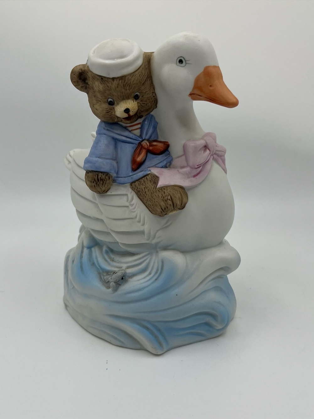 Vintage Ceramic Teddy Bear Sailor Goose Water Figurine 6x4x3.5”